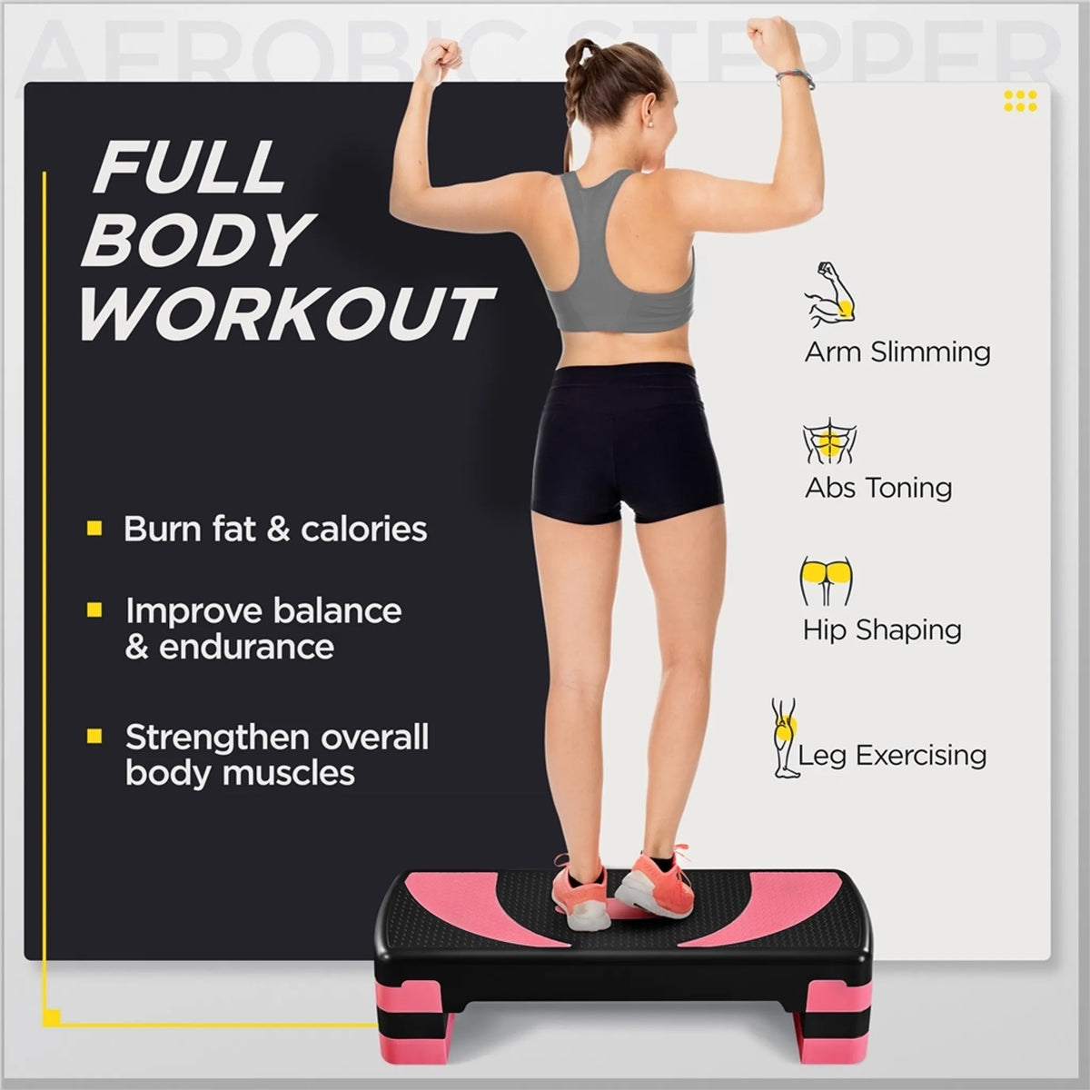 Yaheetech Aerobic Stepper Adjustable - 79,5 x 30 x 20 cm - 3 hauteurs réglables, surface antidérapante et pieds de protection en caoutchouc - pour la gym à domicile et l'entraînement physique - plastique noir et rose