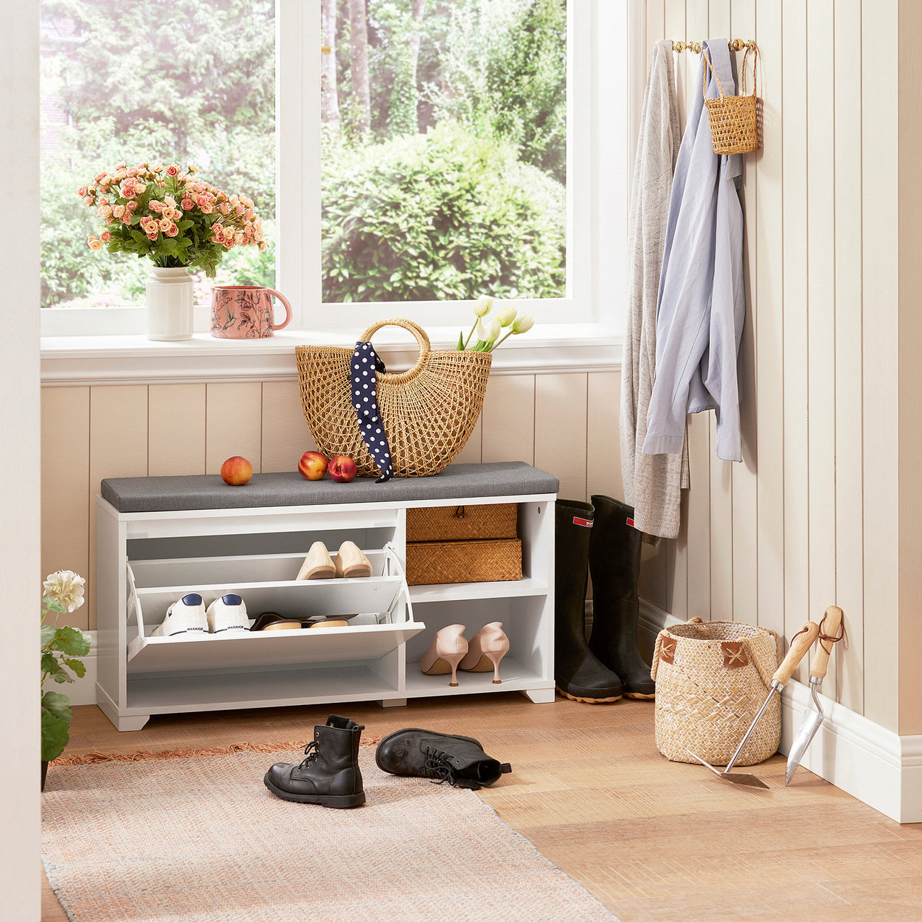 SoBuy FSR119-W Meuble à chaussures avec siège - 90 x 24 x 46 cm - Blanc/gris