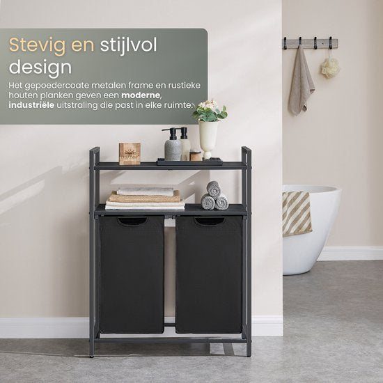 O'DADDY® Panier à linge avec 2 compartiments et 2 étagères - 76 litres - Trieur de linge coulissant - Organisateur de linge - Panier à linge - Boîte à linge - Double panier à linge - Noir/Marron