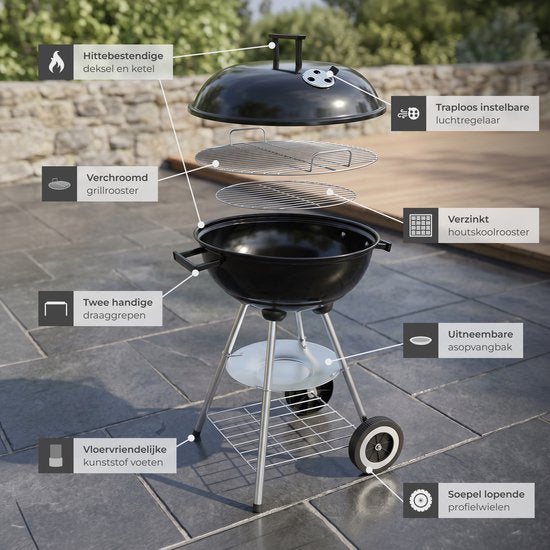 Barbecue au charbon de bois tectake® - Barbecue sphérique - Plaque de cuisson Ø 41,5 cm - Barbecue à 2 roues - Fumoir avec couvercle - Rond - Noir - Métal