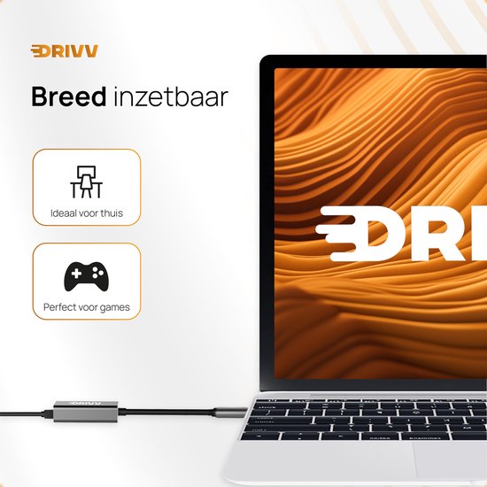 Drivv. Adaptateur USB-C vers Ethernet / Internet / Réseau - 10/100/1000 MBps - Gris