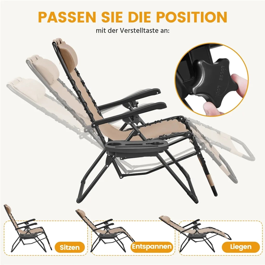 Yaheetech Lot de 2 chaises longues Zero Gravity - Beige - Chaises longues pliables avec oreiller et porte-gobelet