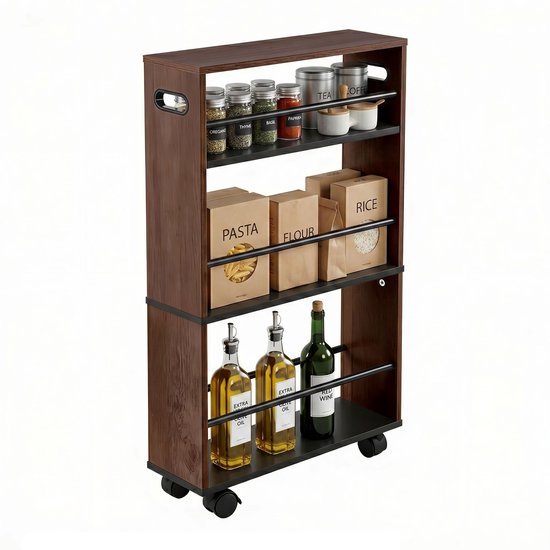 Chariot de cuisine à roulettes - 80 x 15 x 45 cm - étroit - noir-marron