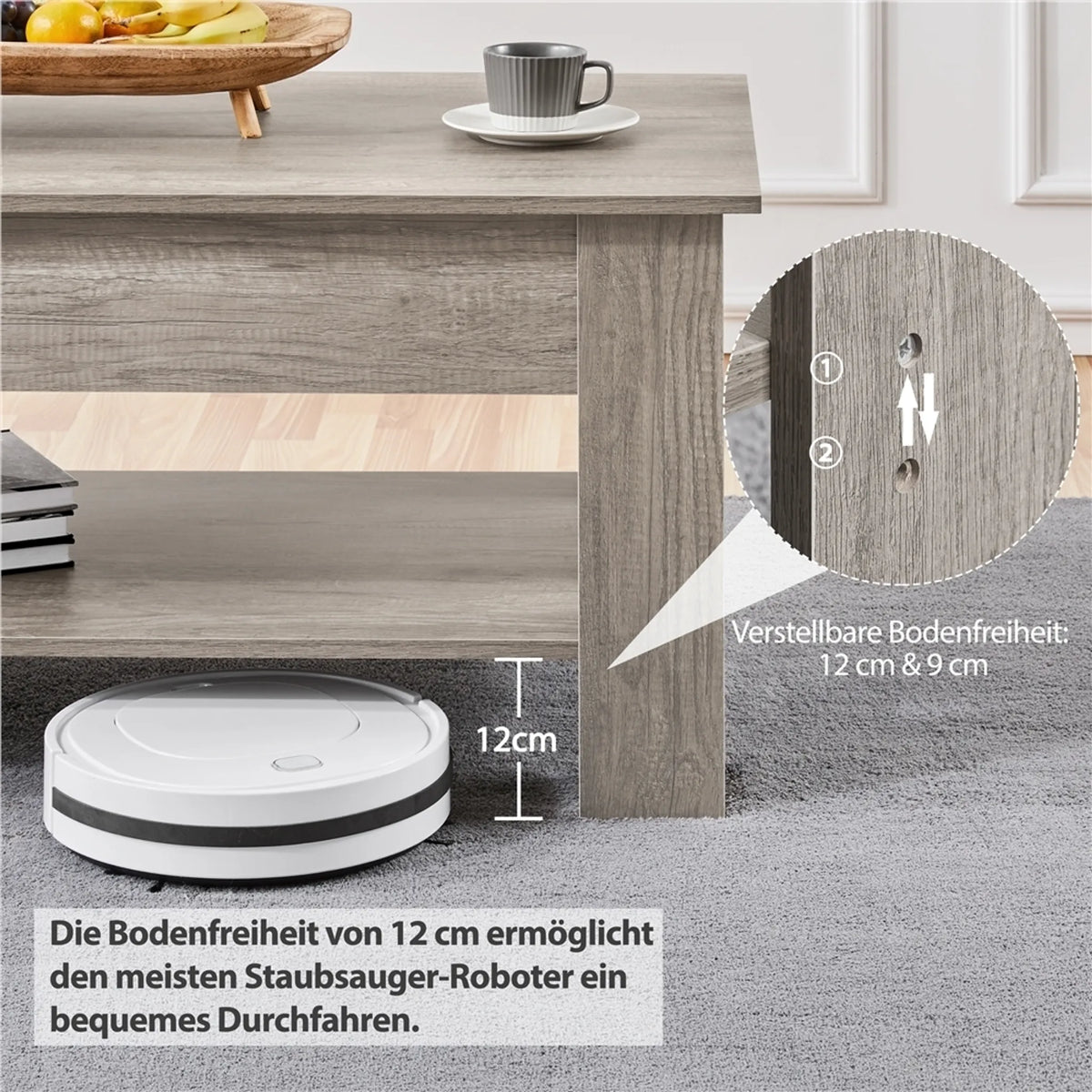 Yaheetech Table Basse avec Fonction Lift-Top - Avec Rangement Caché, Etagère Inférieure Réglable et Mécanisme à Ressort - Pour Salon et Bureau - Mdf Gris et Métal - 120 x 59 x 49.5-63.5 cm