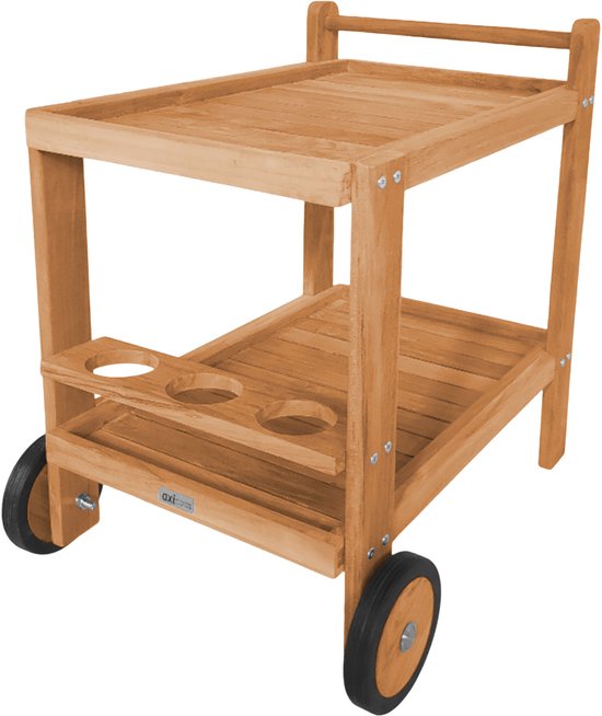 Chariot de service AXI Miri en teck – 70 x 48 x 70 cm – En teck – Avec 2 roues et 3 porte-bouteilles – Pour l'extérieur et l'intérieur – Pour le jardin, la terrasse et le balcon