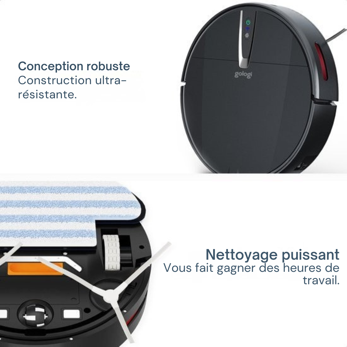 Aspirateur robot Gologi - avec fonction balayage - Automatique - contrôlable par application - Avec station de charge - Aspirateur robot sans fil - 45DB - Noir