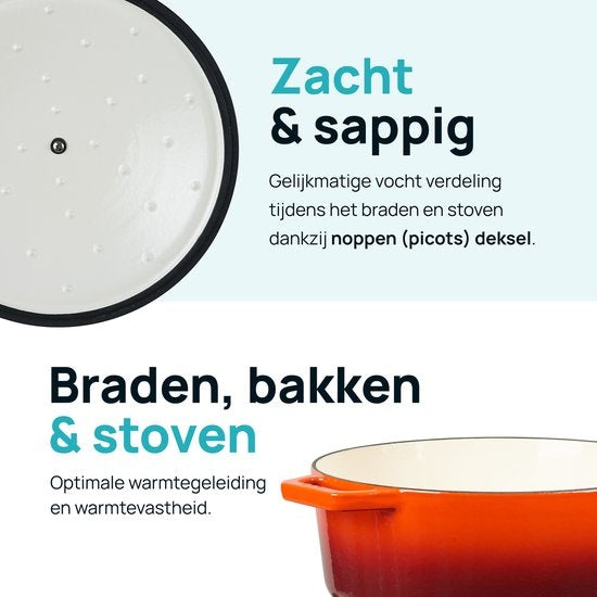 MOA Casserole en fonte - Capacité 7,2 litres - 30CM - Ronde - Toutes sources de chaleur - Egalement pour induction - Poids 7,3 kg - Orange Rouge - C30OR