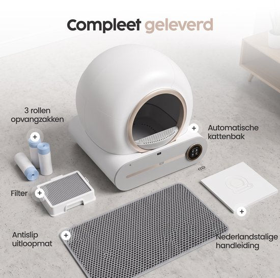 Bac à litière automatique Infinity Goods XXL - Bac à litière autonettoyant - Avec application - 75 L - Avec tapis de bac à litière et 3 rouleaux de sachets de rangement - Blanc/Or rose