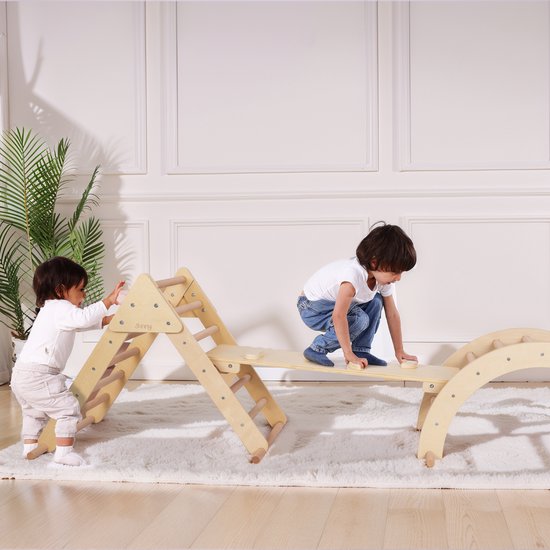 Structure d'escalade 3-en-1 Sunny Charlie en bois naturel – Jouets Montessori – Arceau d'escalade – Triangle d'escalade – FSC Mix