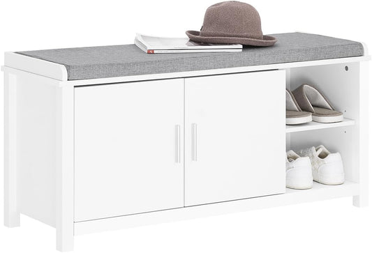 SoBuy FSR168-W Meuble à chaussures avec siège - 2 portes 2 compartiments ouverts - 105 x 35 x 51 cm - blanc