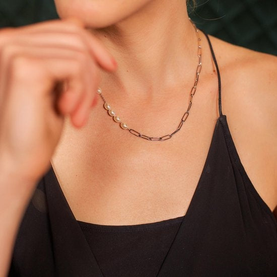 Laura Ferini Ladies Necklace Perla Silver - Chaîne à maillons asymétriques en argent avec perles - plaqué or blanc 18K - Collier - Collier - Bijoux - Accessoires - Collier pour dames avec perles