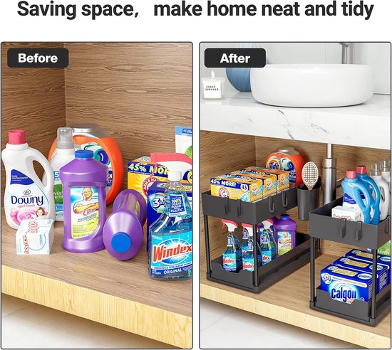 Nexxt Kitchen Cabinet Organiser - 2 Layers - Rack with Pull-out Drawer - Includes Hooks and Trays - Sink Organiser - Black