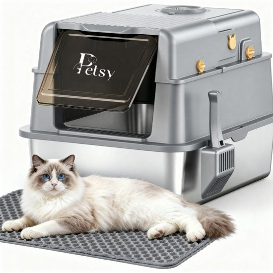 Petsy® - Bac à litière haut de gamme en acier inoxydable Pro - XXL - Avec neutralisateur d'odeurs - Avec pelle à litière, bac de récupération de litière et tapis anti-salissures - Pour grands et petits chats - Grande capacité de 37 L -