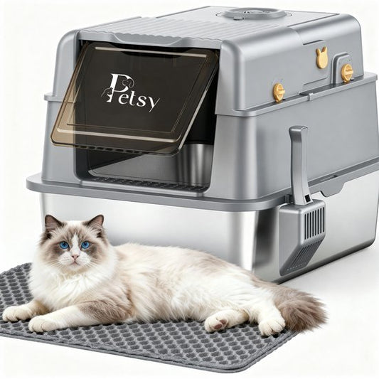 Petsy® - Bac à litière haut de gamme en acier inoxydable Pro - XXL - Avec neutralisateur d'odeurs - Avec pelle à litière, bac de récupération de litière et tapis anti-salissures - Pour grands et petits chats - Grande capacité de 37 L -