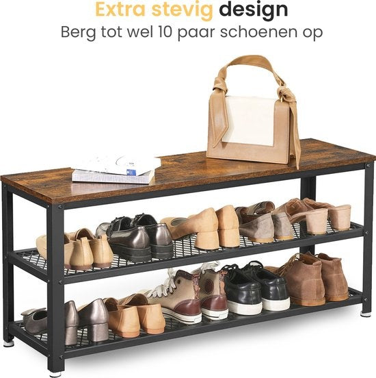 Goliving Rangement de chaussures - Banc de chaussures - Banc d'entrée - Industriel - 30 x 80 x 45 cm - Métal - Bois brun