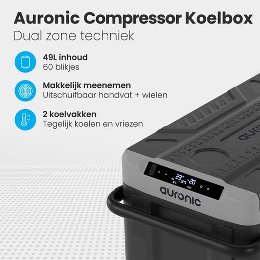 Auronic Glacière à Compresseur Électrique 12V et 230 volts - Voiture - Congeler et Refroidir - Glacière - 49L - Glacière - Gris