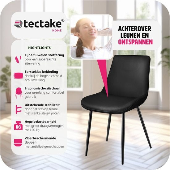 tectake® chaises de salle à manger set of 2, chaises rembourrées en velours avec dossier, chaise de salon ergonomique avec assise rembourrée en velours, chaise de cuisine confortable, pieds en métal noir - noir