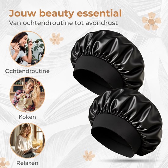 Nuvance Bonnet Satin - Lot de 2 pièces - Chapeau de nuit en satin réglable - Bonnet en satin - Unisexe - Noir