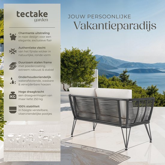 tectake® Banc de salon en osier - Banc de jardin compact avec coussins épais - Idéal pour balcon, jardin ou terrasse - Banc de salon extérieur élégant et confortable - Design en corde