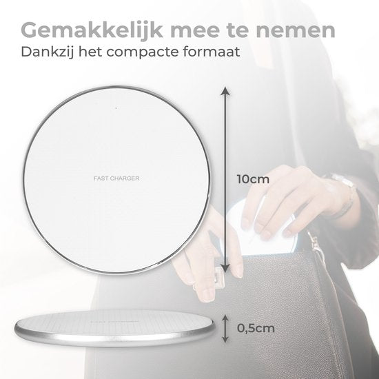 Nuvance - Chargeur sans fil 10W - Câble inclus - Chargeur sans fil - Chargeur rapide - Convient à tous les Smartphones Qi - Blanc et Argent