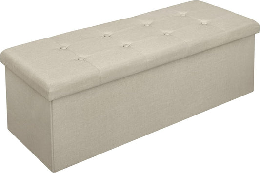Banc de rangement pliable Woltu avec espace de rangement - 118 litres - 110 x 37,5 x 38 cm - Lin blanc crème - Capacité de charge maximale : 300 kg