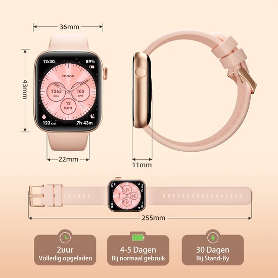Maoo ProWatch AMOLED Smartwatch Femme et Homme - Bracelet milanais et 3 bracelets en silicone - Podomètre - Moniteur de fréquence cardiaque - Moniteur de pression artérielle - Moniteur de sommeil - Multisport - Convient à Android et iOS - Or rose