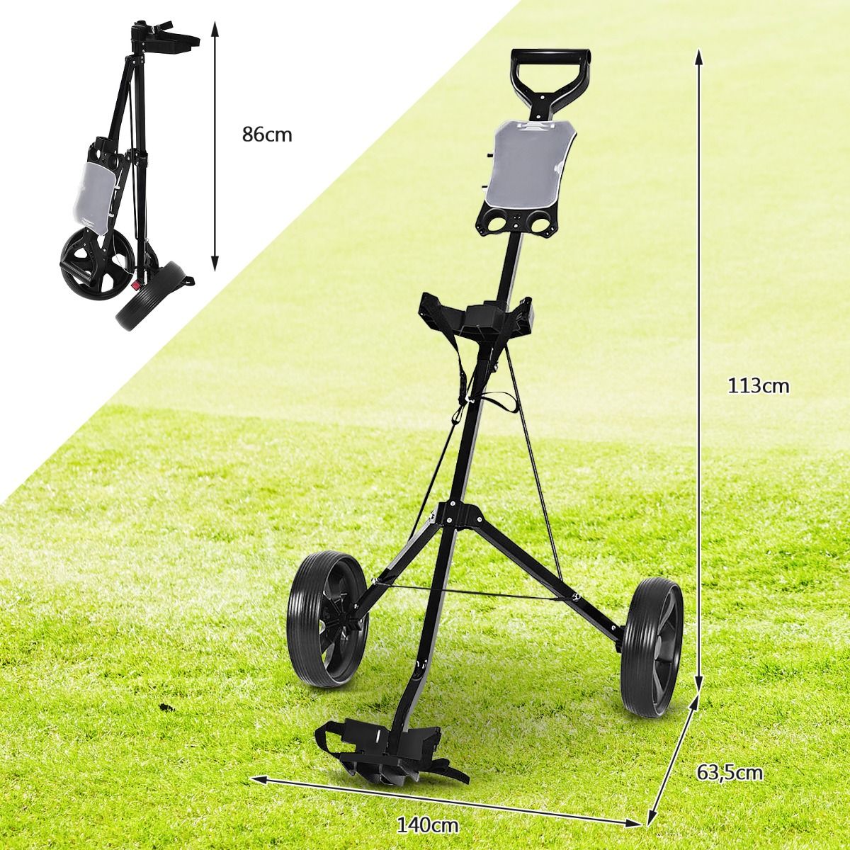 Chariot de golf 2 roues en acier pliable Coast avec porte-carte de score - Noir - 140 x 63,5 x 113 cm