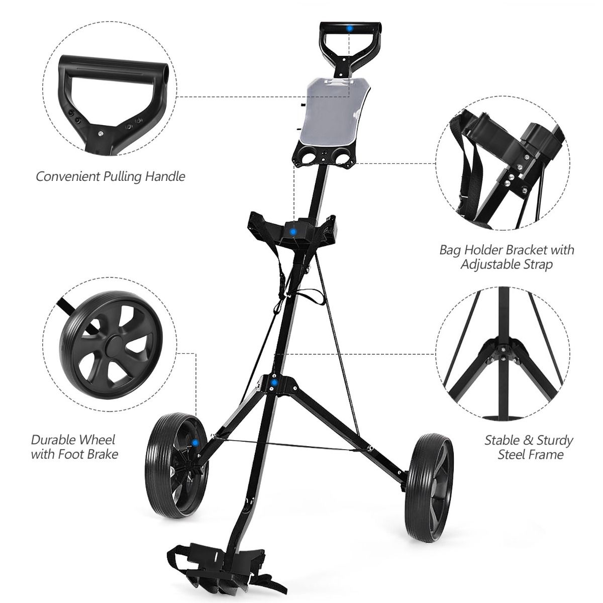 Chariot de golf 2 roues en acier pliable Coast avec porte-carte de score - Noir - 140 x 63,5 x 113 cm
