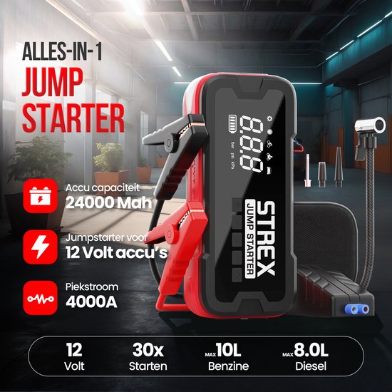 Strex 12V Jumpstarter for Car with Compressor - 4000A / 24,000 mAh - 5-in-1 Starting Aid with Compressor, Powerbank, LED Flashlight and SOS Emergency Light - Incl. Hardcover