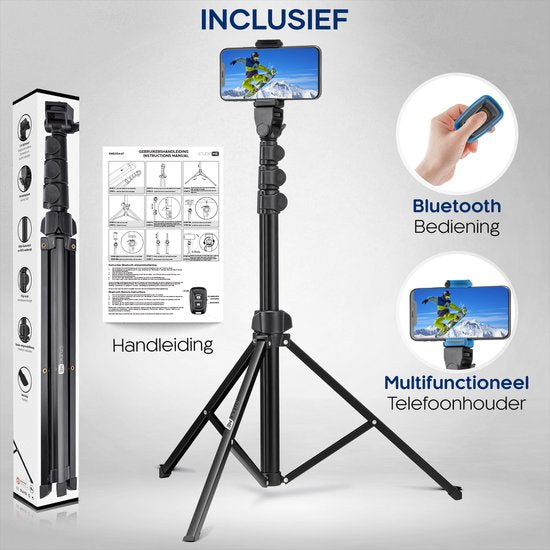 Studio ME Phone Tripod - 170 cm - Tripod Smartphone - Black - Camera Tripod - Phone Holder - Incl. Bluetooth Remote Control - Tripod Iphone - Tripod Phone