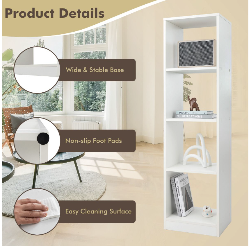 Coast - Bibliothèque sur pied - 4 compartiments pour cubes, Max. 75 kg - 38 x 33 x 142 cm - Bois - Blanc