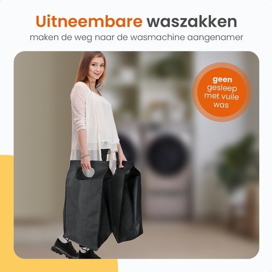 Goliving Trieur de linge - Panier à linge avec 3 compartiments - Boîte à linge - Textile Oxfort/Métal/Bois - 3 x 38 Litres - 25 x 92,5 x 71 cm - Noir