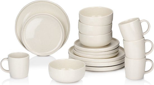 alpina Service de table 16 pièces - Ensemble d'assiettes 4 personnes - Vaisselle en faïence - Assiettes à déjeuner, assiettes à dîner, bols et tasses - Résiste au micro-ondes et au lave-vaisselle - Crème