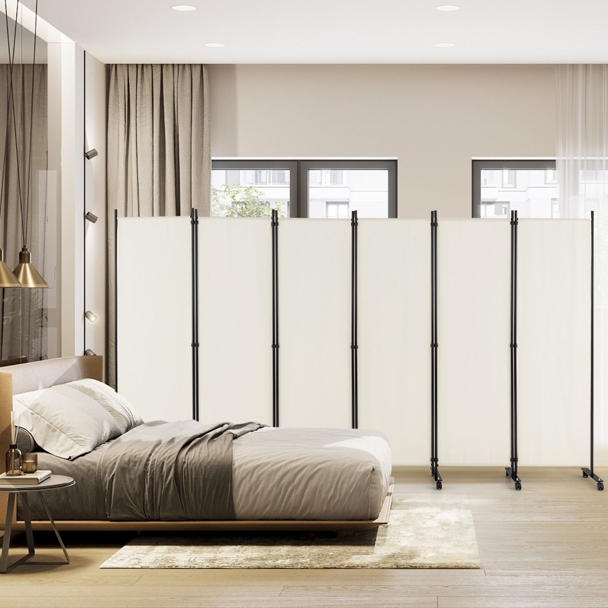 Paravent pliable Coast à 6 panneaux avec roulettes verrouillables - Blanc - 334,5 x 172 cm