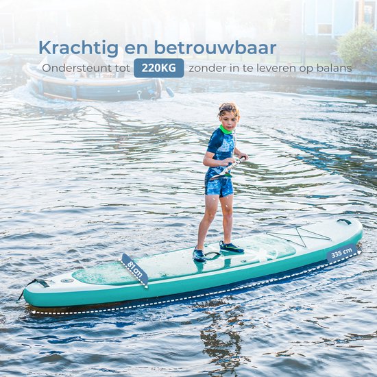 Supper Sup Board XL - Max. 220KG - Gonflable - Planche à pagaie - Étui étanche pour téléphone portable - Pompe - Aileron - Leash - Sac de transport - 335 x 81 cm - Turquoise