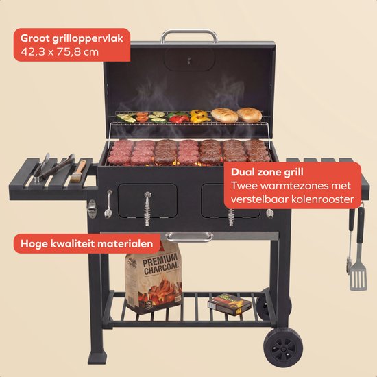 KitchenBrothers Barbecue au charbon de bois XL - Barbecue fumoir à deux zones - Avec grilles à charbon réglables et tables latérales rabattables - Sans PFAS - Surface de cuisson de 42,3 x 75,8 cm - Noir