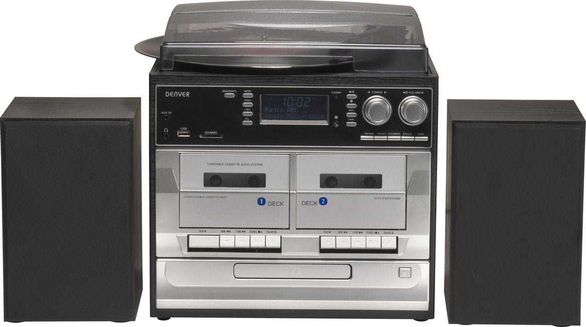 Tourne-disque rétro - Denver -  Avec enceintes - Radio DAB+/FM - Lecteur CD & double cassette - Boîtier bois - USB/SD/AUX