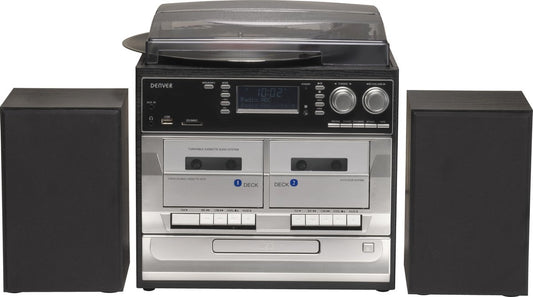 Tourne-disque rétro - Denver -  Avec enceintes - Radio DAB+/FM - Lecteur CD & double cassette - Boîtier bois - USB/SD/AUX