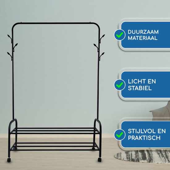 Vonia Rack à vêtements 157 x 34 x 105 cm - Rack à vêtements sur roulettes - Rack à vêtements avec porte-chaussures - Rack à vêtements en métal - Rack de penderie - Noir