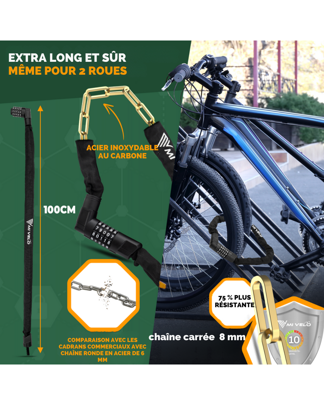 Cadenas à chaîne MIVELO - Avec noyau robuste en acier au carbone et code numérique - 85/100 cm - Noir