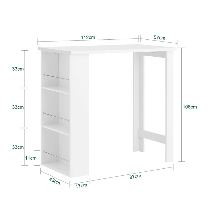 Table de bar SoBuy blanche - 112 x 57 x 106 cm - Avec 3 étagères de rangement
