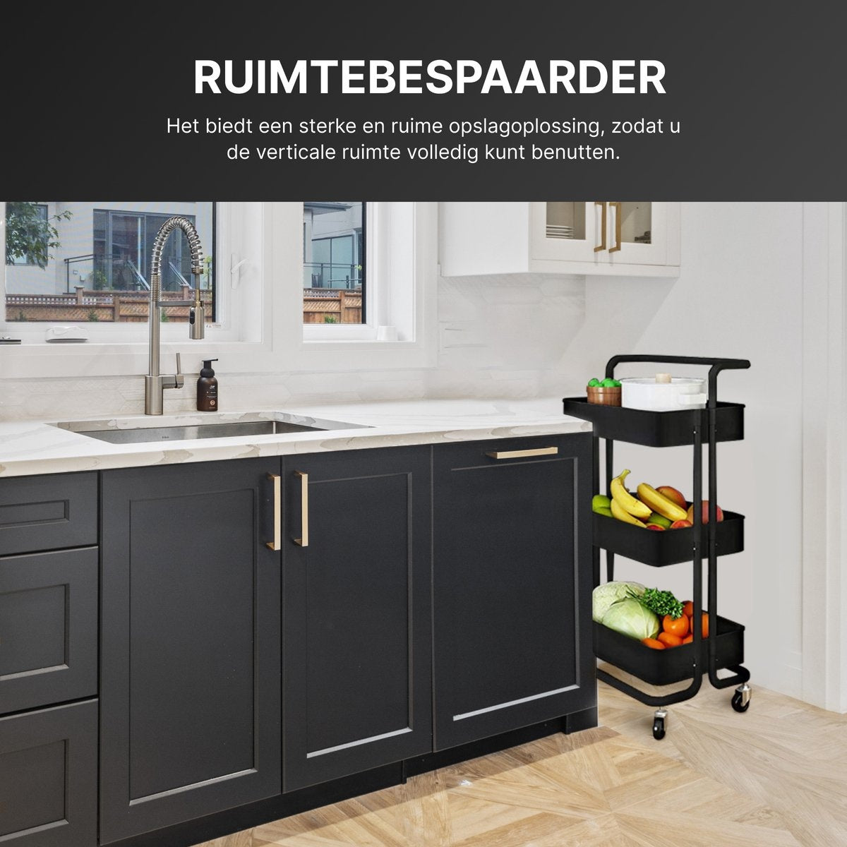 O'DADDY® Chariot de cuisine sur roulettes - chariot de service - chariot de cuisine noir - mobile et fixe - 3 étages - 86 x 43 x 36 cm