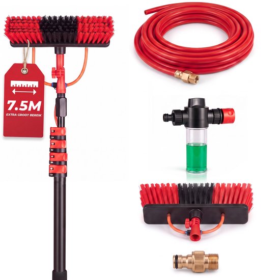 Brosse de lavage télescopique Infinity Goods 7,5 m - Nettoyeur de vitres - Raclette - Distributeur de savon - Passage d'eau - Noir/Rouge