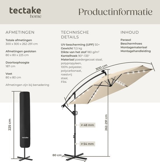 tectake® Parasol suspendu avec pied - 3 x 3 m - Parasol de jardin avec éclairage LED à énergie solaire - Orientable - Polyester hydrofuge avec protection UV - Housse incluse - Beige