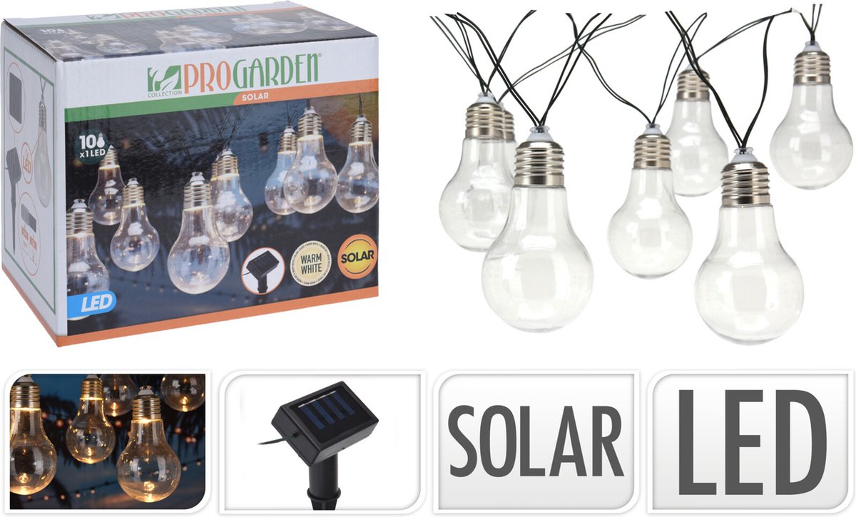 Lumières de fête - Solaire - 10 lampes LED - Transparent - Blanc chaud