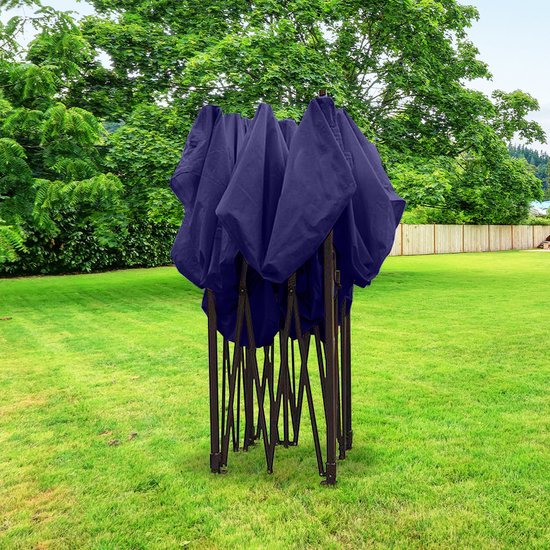 LifeGoods Tente de réception - Pavillon - EasyUp - Pliable - 4 parois latérales - Imperméable - Avec sac de transport à roulettes - 3x3 mètres - Bleu foncé