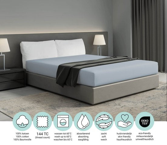 Drap-housse DoubleDry 100 % coton naturel - Double 180 x 200 cm - Doux et respirant - Élastique sur tout le pourtour - Bleu clair