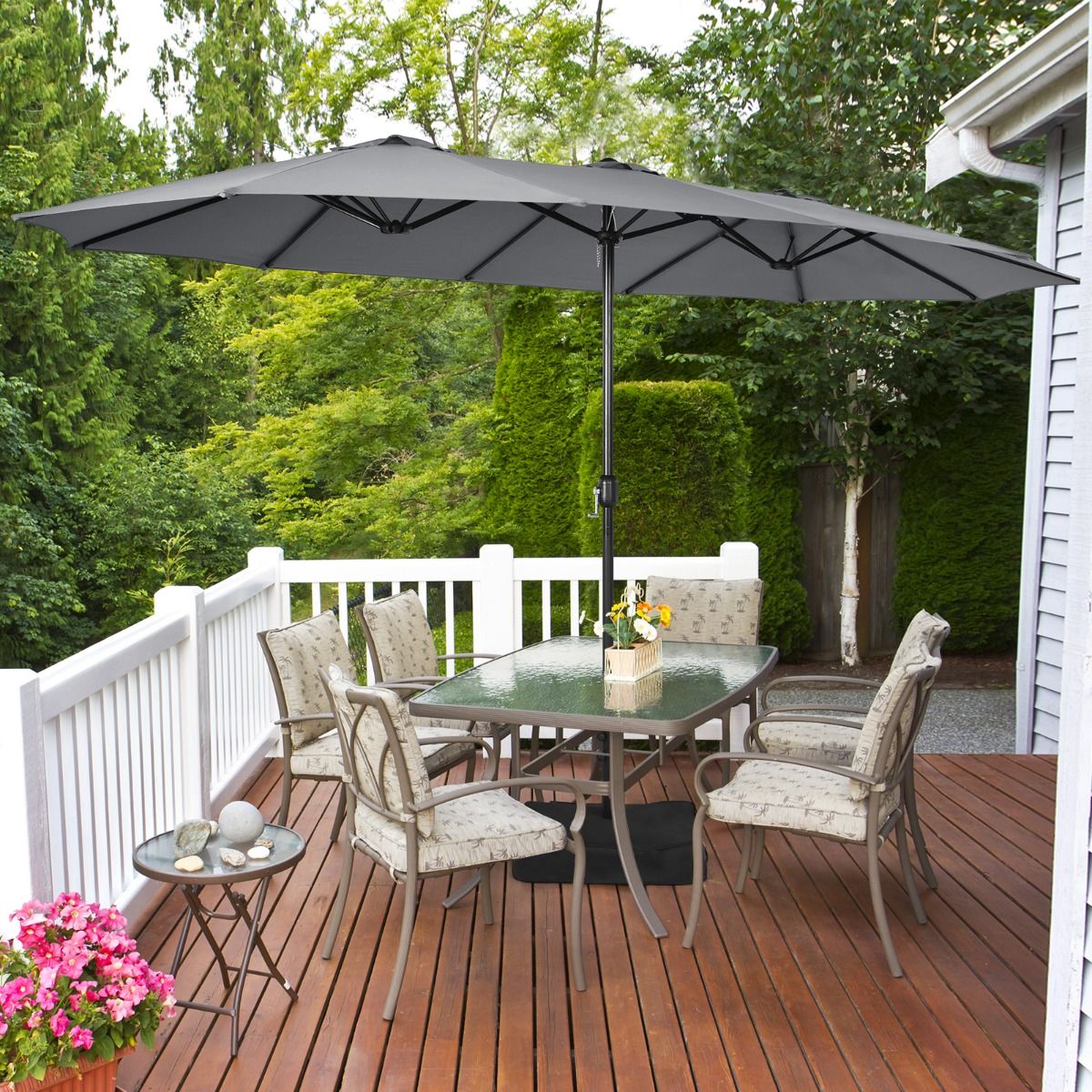 Parasol double Coast avec pied - surface d'ombrage extra-large - socle métallique robuste - gris 451,5 x 264 cm