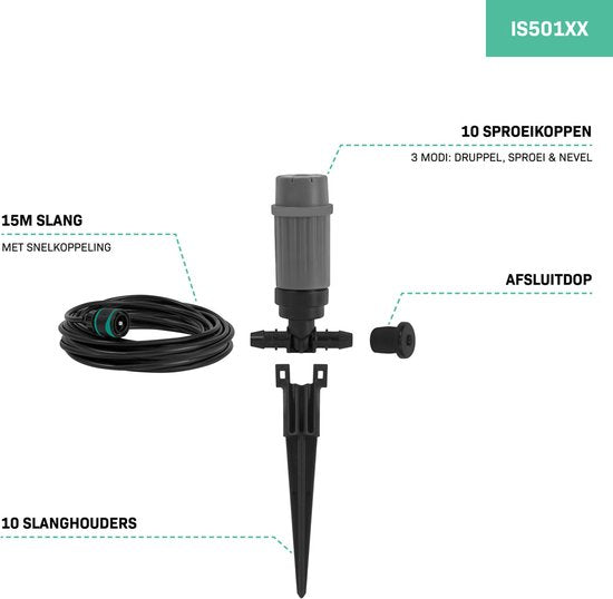Système d'irrigation VONROC - 3 modes d'arrosage : pulvérisation, goutte à goutte et brumisation - système modulaire comprenant 15m de tuyau, 10x tête d'arrosage, 10x support de tuyau et connecteur rapide universel