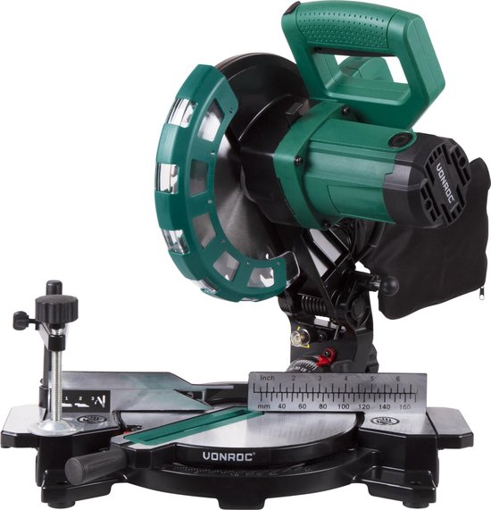 VONROC Tronçonneuse - Scie à onglet - 1700W - Ø216MM - 4900 /min - Avec laser, rallonges de table et réglage de la profondeur - Lame de scie et serre-pièce inclus